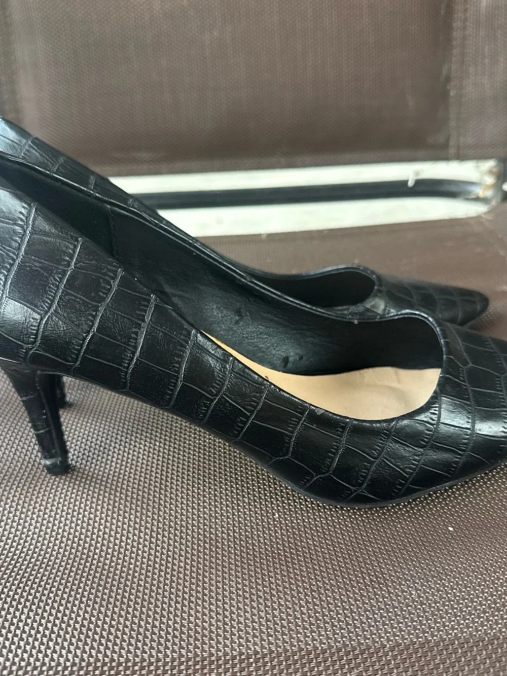 comfort Black Croc-Embossed Pointed Toe Flats - Slip-On